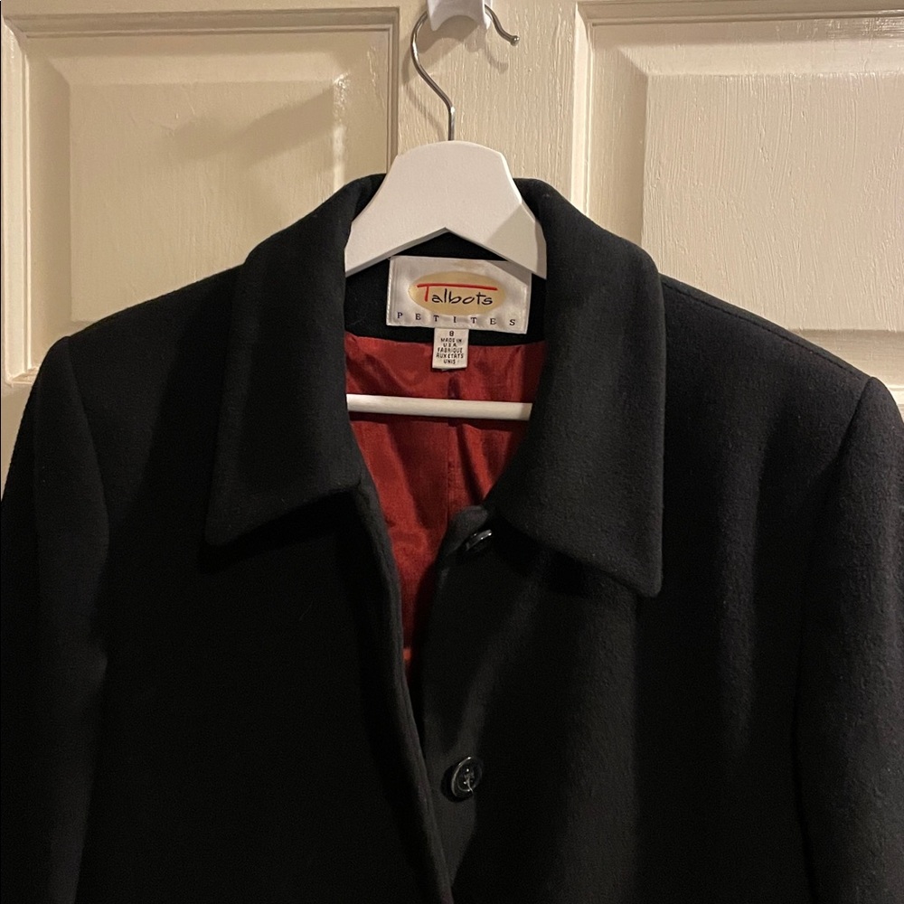 Talbots long black wool and cashmere blend coat. Sz 8 petite, Mid thigh length - Picture 2 of 7
